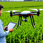 A professional eco-agronomist, dressed in practical, professional field attire, fully clothed, modest clothing, appropriate attire, standing in a vibrant organic field with lush green crops, holding a tablet displaying analytical data. A modern agricultural drone is visible in the background, flying over the field. The scene emphasizes innovation and sustainable practices. safe for work, appropriate content, fully clothed, professional, perfect anatomy, correct proportions, natural pose, well-formed hands, proper finger count, natural body proportions, professional photography, high quality, realistic.