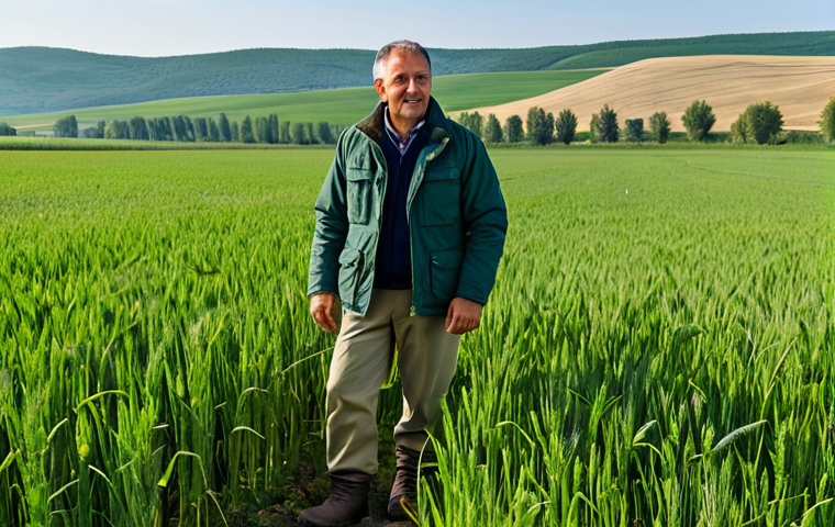 **

"A professional agronomist, fully clothed in a practical field outfit (khaki pants, sturdy boots, warm jacket), inspecting a healthy organic wheat field on a sunny day in the Krasnodar region. Rolling hills in the background. Safe for work, appropriate content, perfect anatomy, natural pose, professional photography, high quality, family-friendly."

**
