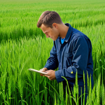 친환경농업기술자 실무에서의 도전과 극복 - **A professional agronomist, fully clothed in work attire, inspecting a lush green field of rye, saf...