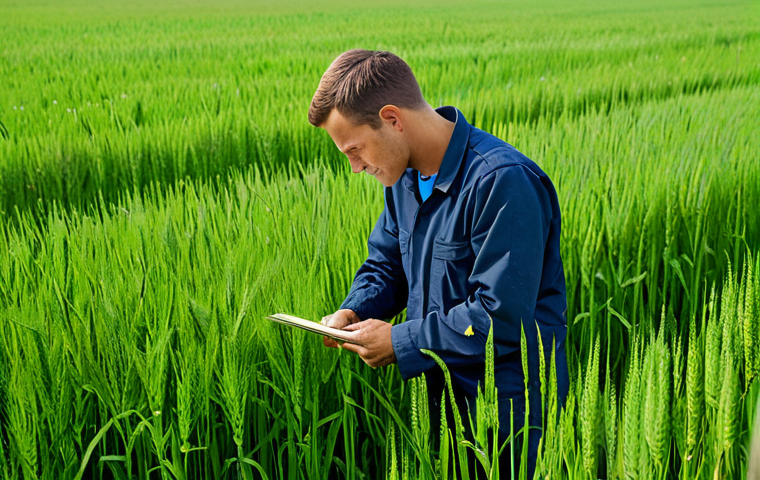 친환경농업기술자 실무에서의 도전과 극복 - **A professional agronomist, fully clothed in work attire, inspecting a lush green field of rye, saf...