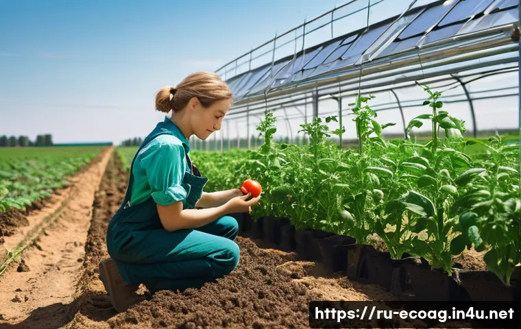 친환경농업기술자 이직 시 유리한 조건 - **Prompt:** A picturesque, sun-drenched organic farm in the Russian countryside, showcasing lush, he...