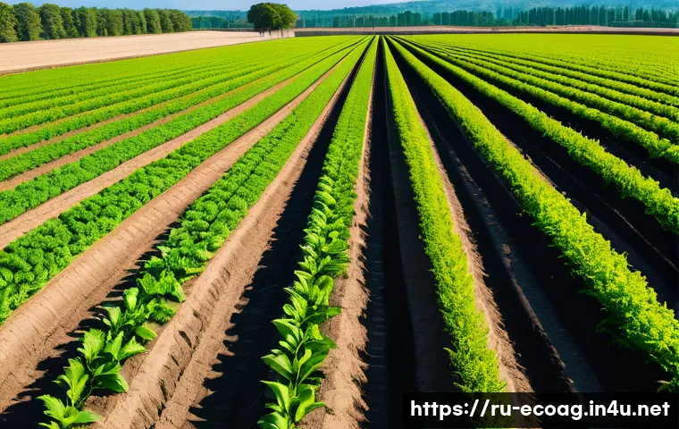 친환경농업기술자와 관련된 직무 분석 - A modern organic farm field scene showcasing minimal soil disturbance techniques: a wide view of hea...