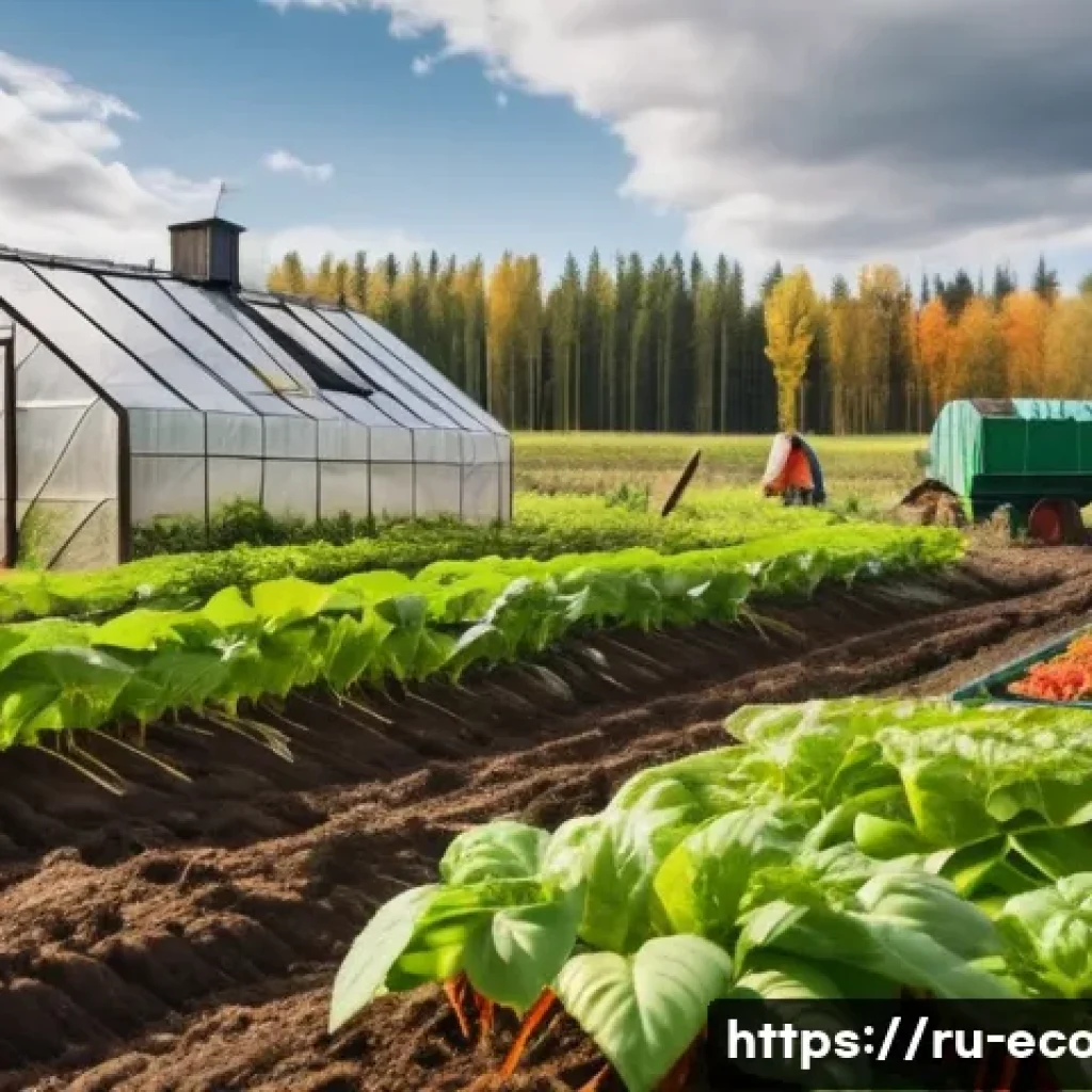 친환경농업 실무 교육 과정 - A vibrant organic farm scene in the Russian countryside during early autumn, showcasing healthy rows...