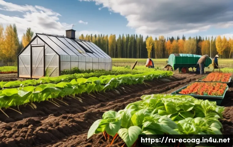 친환경농업 실무 교육 과정 - A vibrant organic farm scene in the Russian countryside during early autumn, showcasing healthy rows...