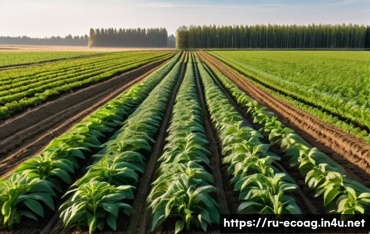 친환경농업기술자 업무에서 겪은 난관 - A vibrant organic farm scene in rural Russia during early autumn, showing a diverse crop rotation fi...