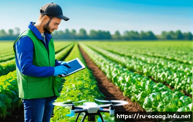 친환경농업기술자 연봉 상승 방법 - A modern sustainable farm scene showcasing advanced agricultural technology: a young agronomist wear...