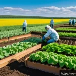 Home 18 친환경농업기술자 자격증 준비를 위한 계획 - A detailed scene of an organic farm in Russia during spring, showing a diverse agroecosystem with cr...
