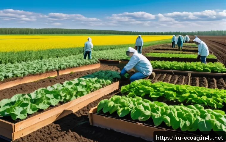 친환경농업기술자 자격증 준비를 위한 계획 - A detailed scene of an organic farm in Russia during spring, showing a diverse agroecosystem with cr...